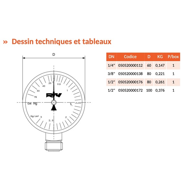 Manometre SEC ZAFFIRO-RIV520 3/8' X 80 référence fournisseur 450816